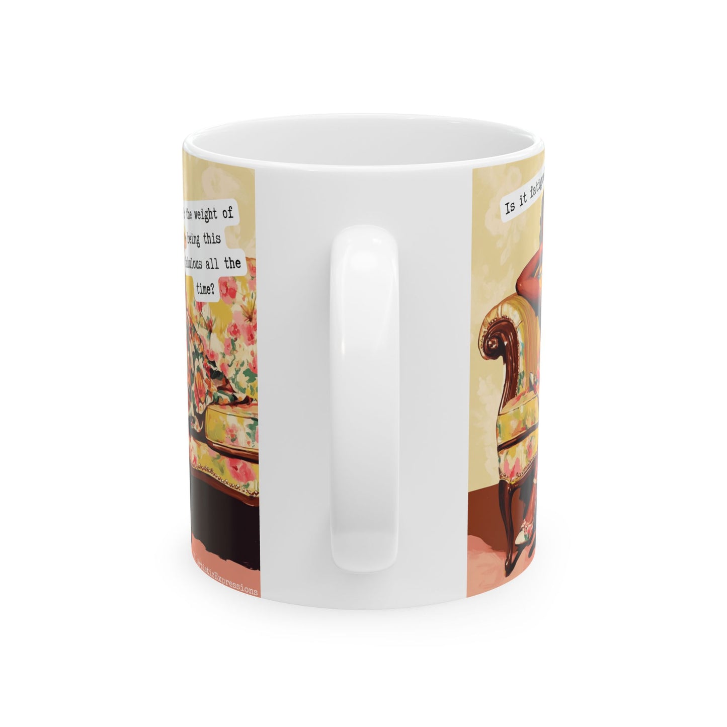 Snarky Midlife Mug – “Is it fatigue? Or the weight of being this fabulous all the time?” – Vintage Black Woman Humor Coffee Cup